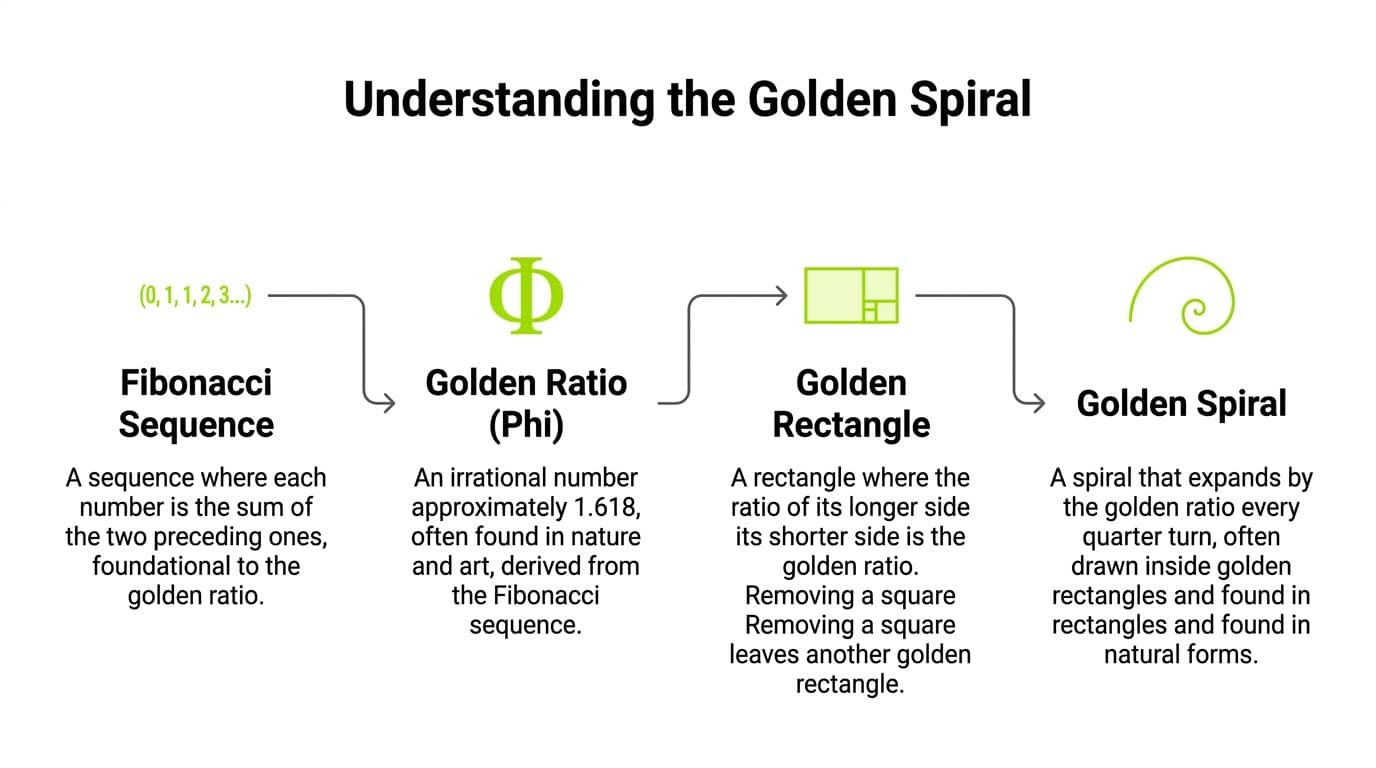 A diagram illustrating the connection between the Fibonacci sequence, golden ratio, golden rectangle, and golden spiral.
