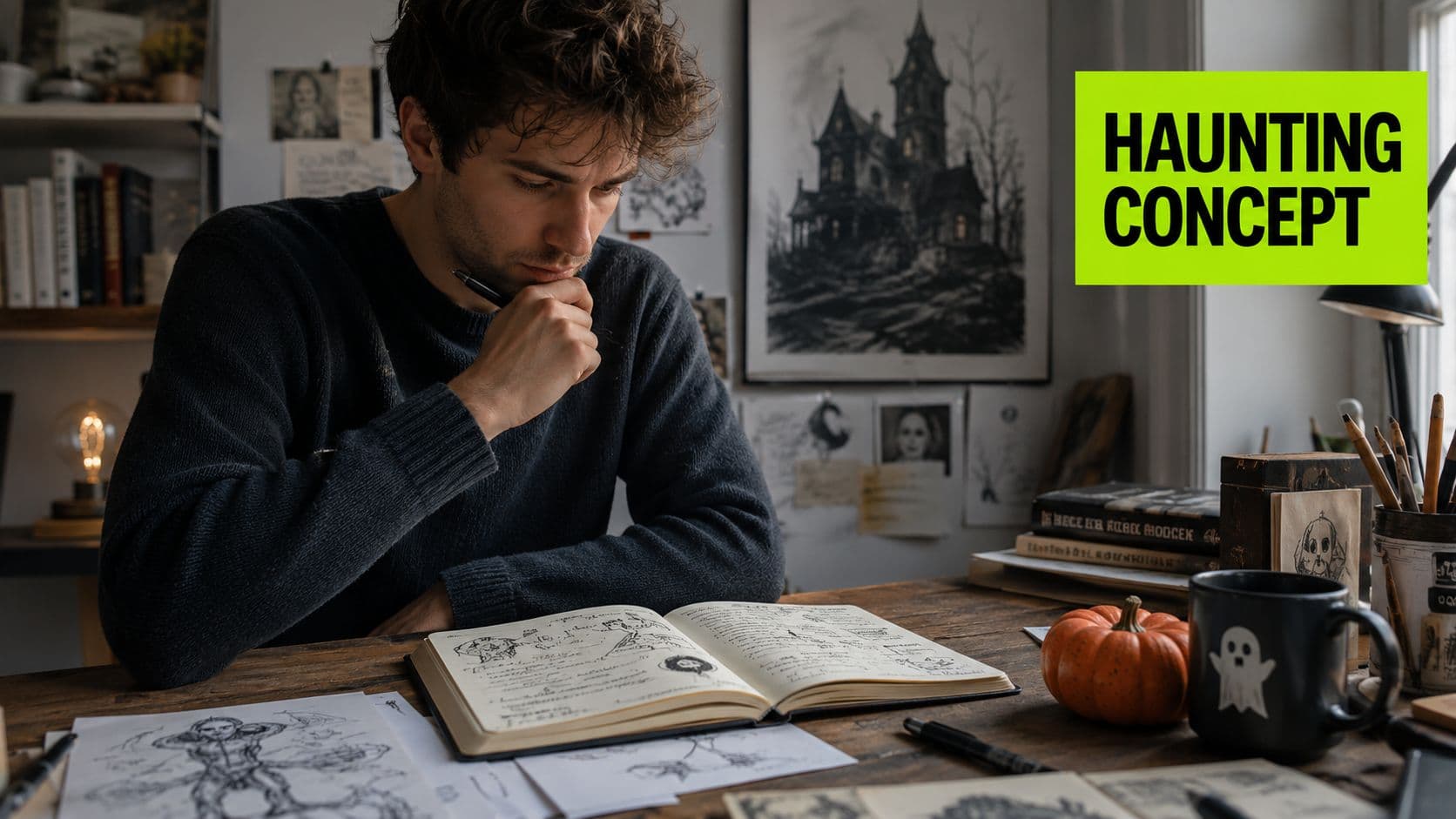 A focused man sketching in a notebook at his desk in a dimly lit, creative studio space.
