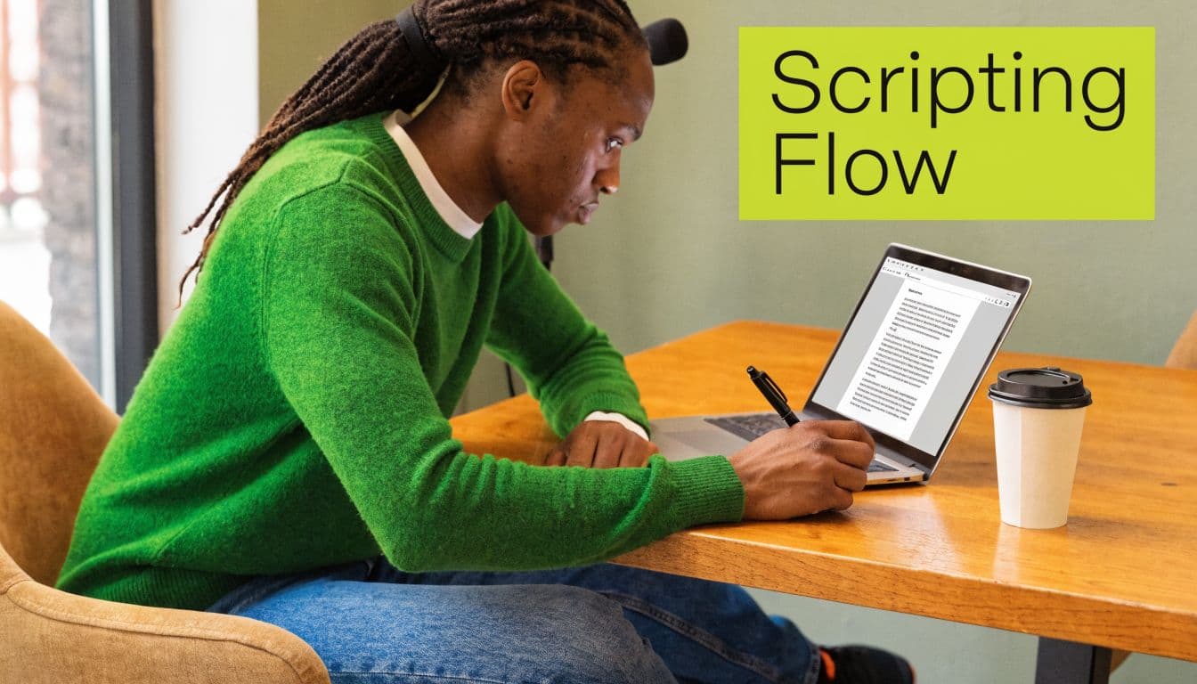 A young man with dreadlocks wearing a green sweater is writing while working on his laptop.