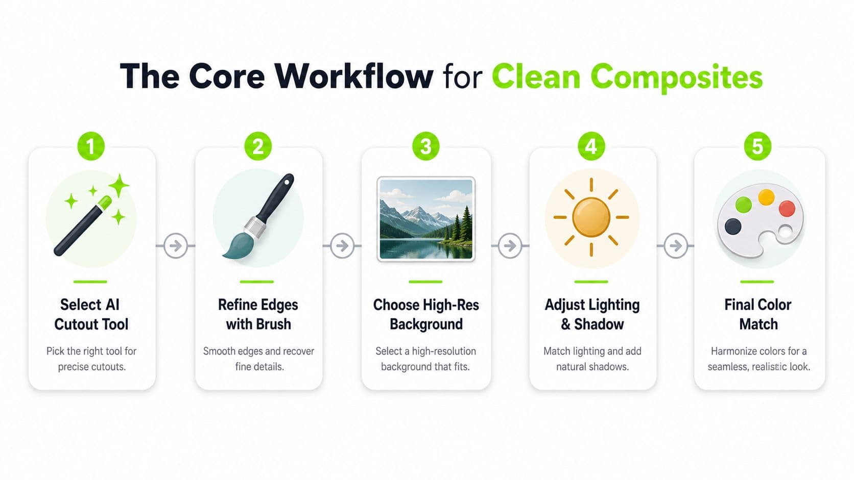 A five-step guide for creating clean image composites, from cutout selection to final color matching.