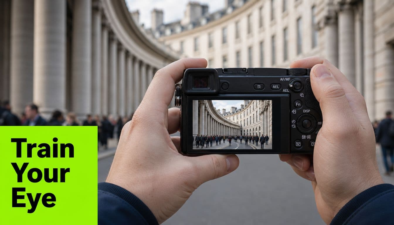 A person holds a digital camera taking a photograph of a curved building lined with columns.