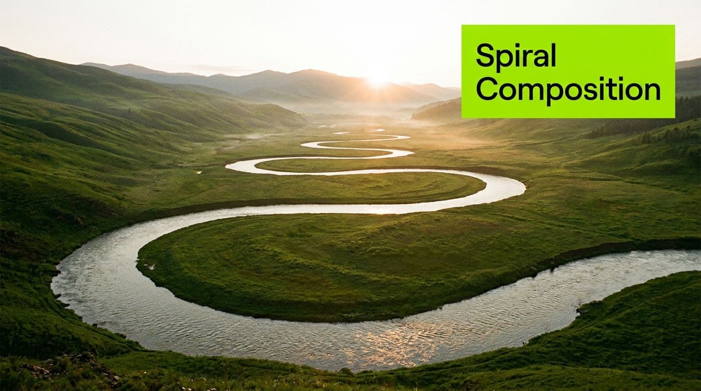 A scenic, winding river snakes through a lush green valley at sunrise, illustrating natural spiral composition.