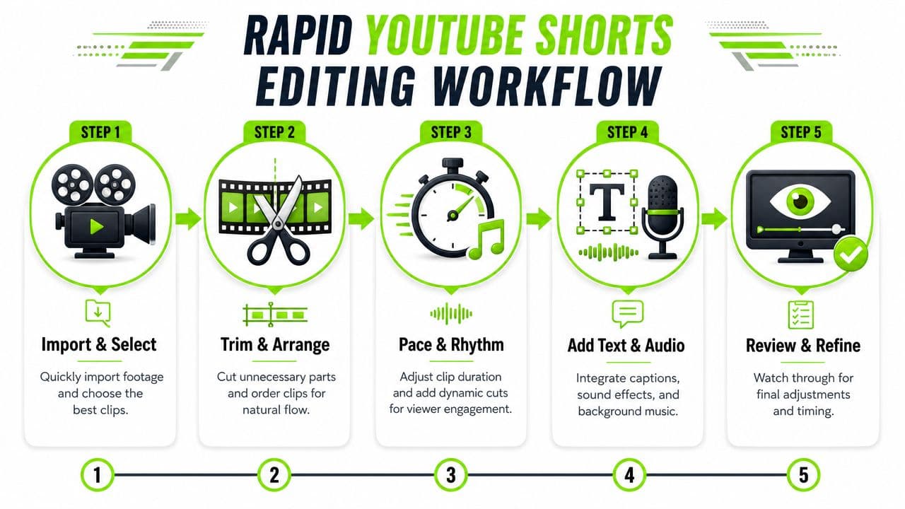 A five-step infographic showing a simple workflow for quickly editing and refining engaging YouTube Shorts videos.