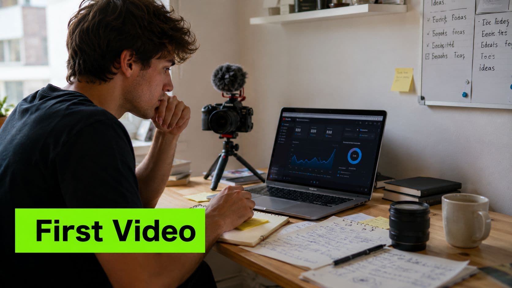 A young content creator analyzes YouTube analytics on his laptop while sitting at a cluttered desk.