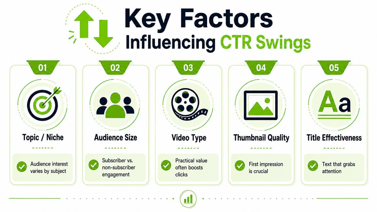 A diagram illustrating five key factors that influence YouTube click-through rate swings, presented in numbered green sections.
