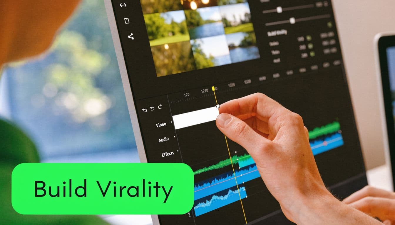 A person editing a video on a computer screen, focusing on building content virality through precise timeline adjustments.