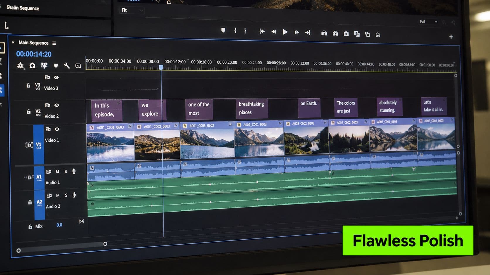 A close-up view of Adobe Premiere Pro video editing software interface showing a timeline with clips and text.