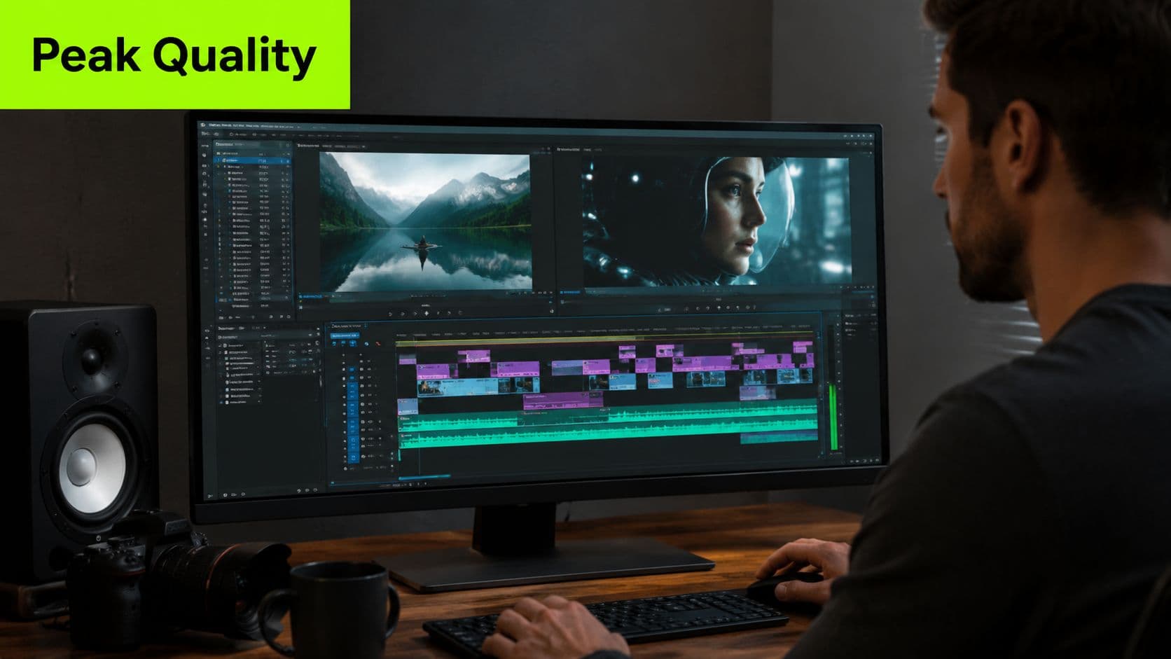A video editor working on a professional project on a large computer monitor in a dim room.