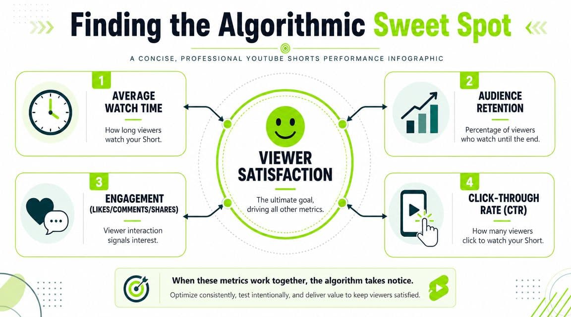 An infographic showing four key YouTube Shorts metrics that lead to viewer satisfaction and algorithmic growth.
