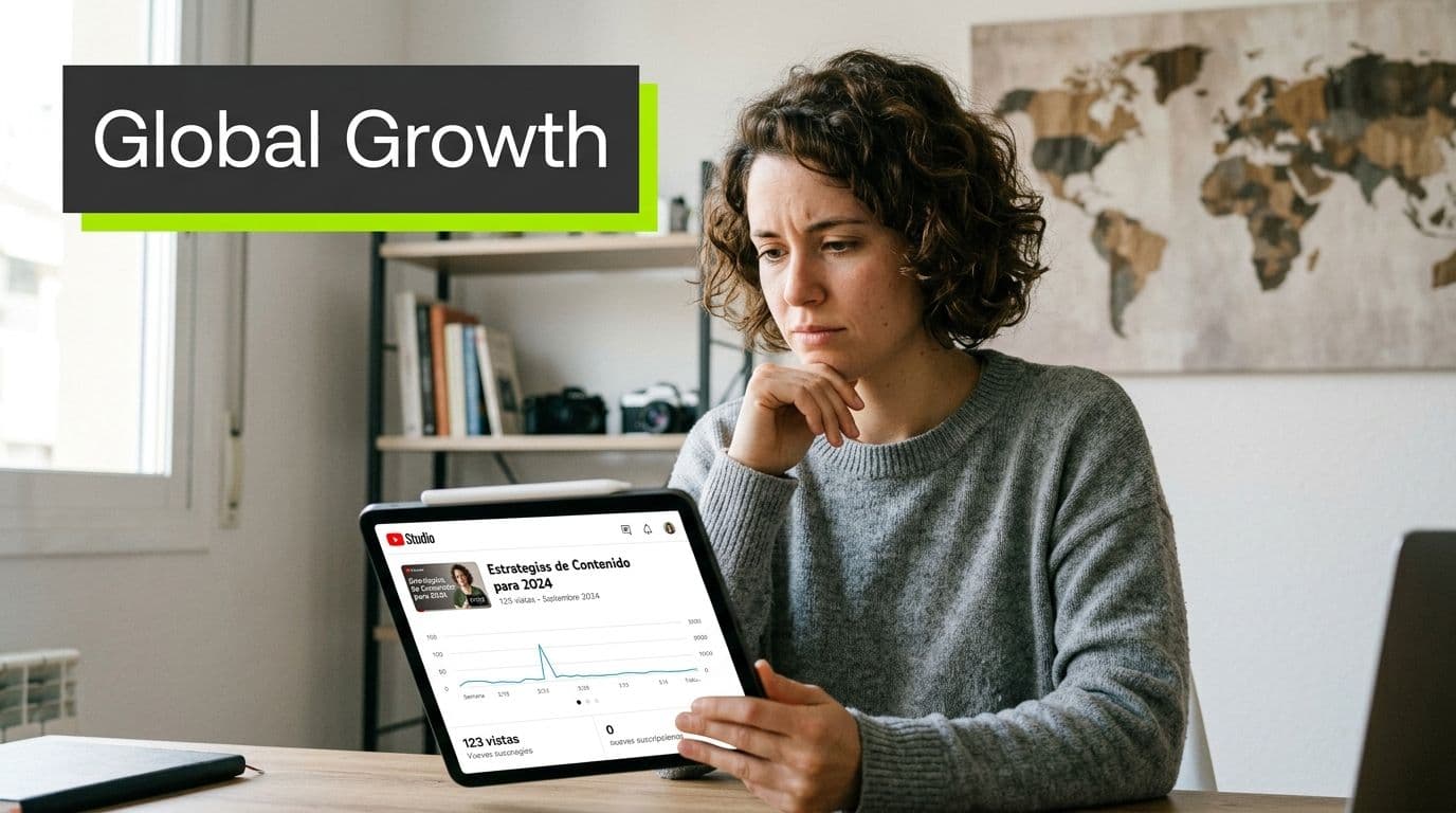 A woman reviewing YouTube analytics on a tablet to learn how to translate Spanish video to English.