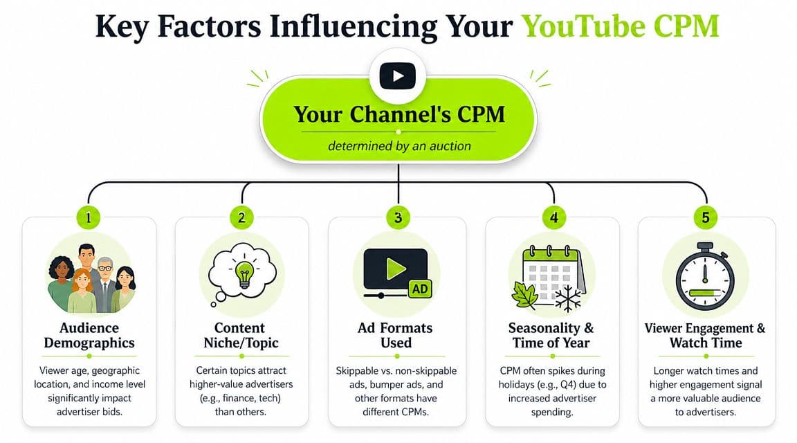 An infographic showing five key factors that influence your YouTube CPM, including demographics, niche, and ad formats.