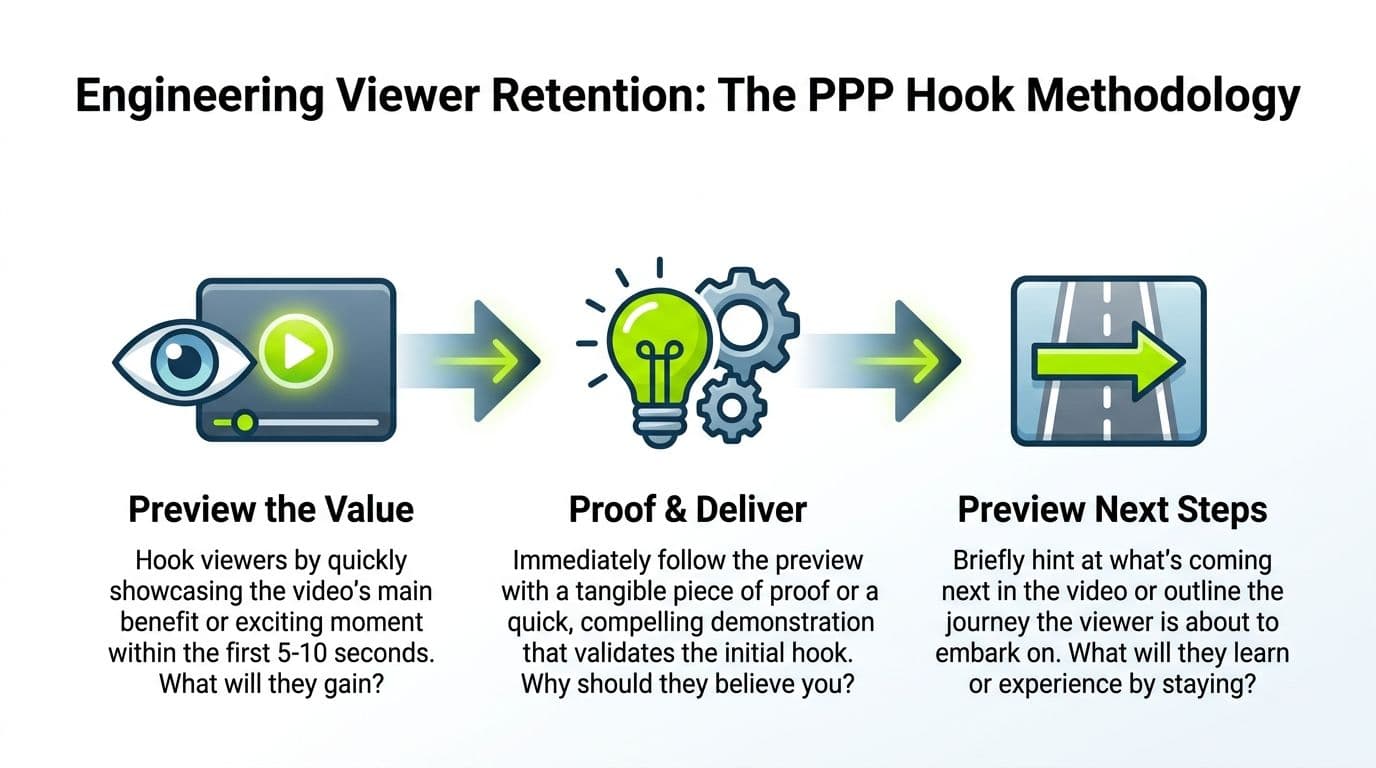 A diagram illustrating the PPP Hook Methodology for improving YouTube viewer retention through preview, proof, and planning.