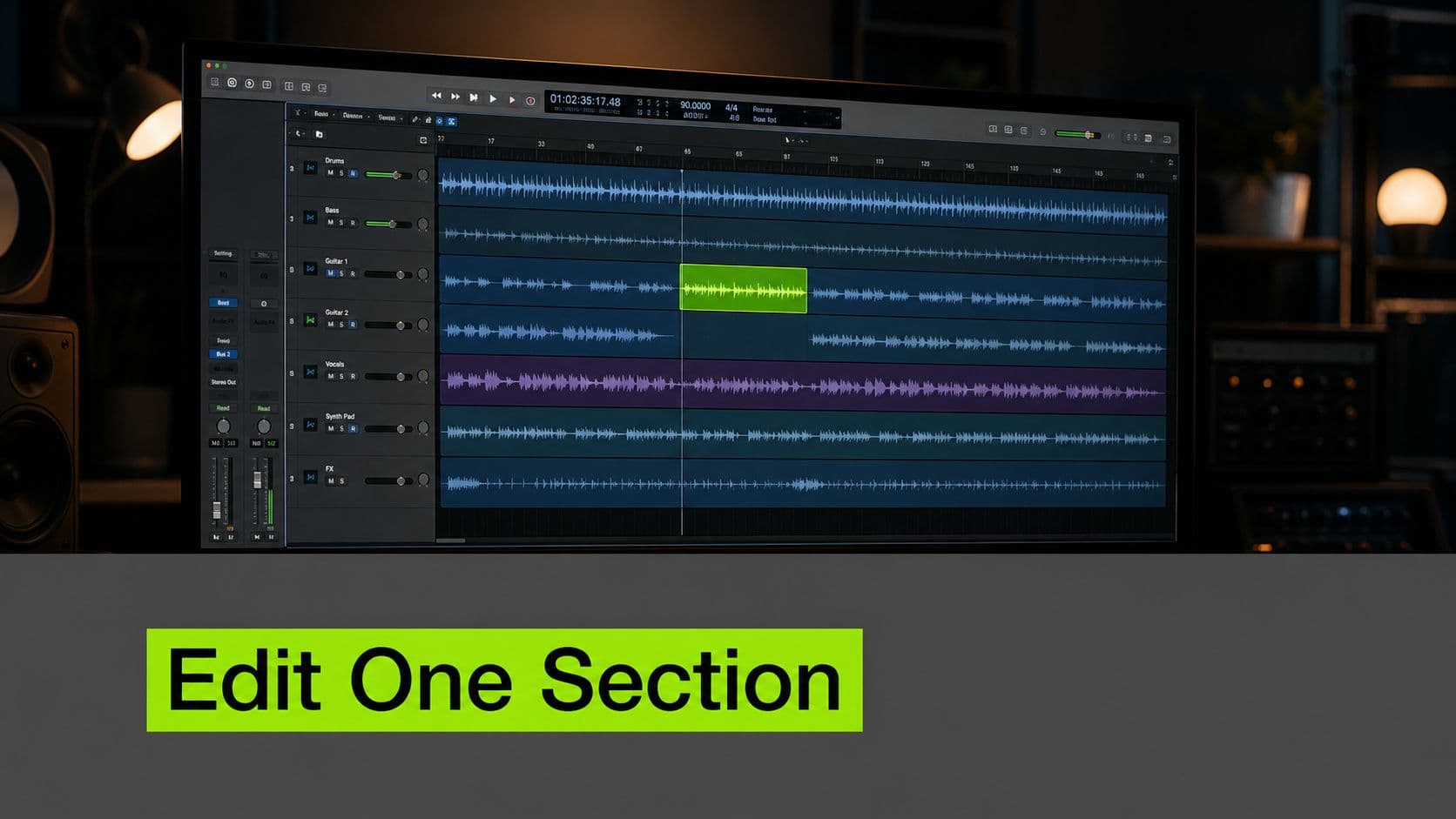 A digital audio workstation interface displaying multi-track recording software with an highlighted audio clip on a computer monitor.
