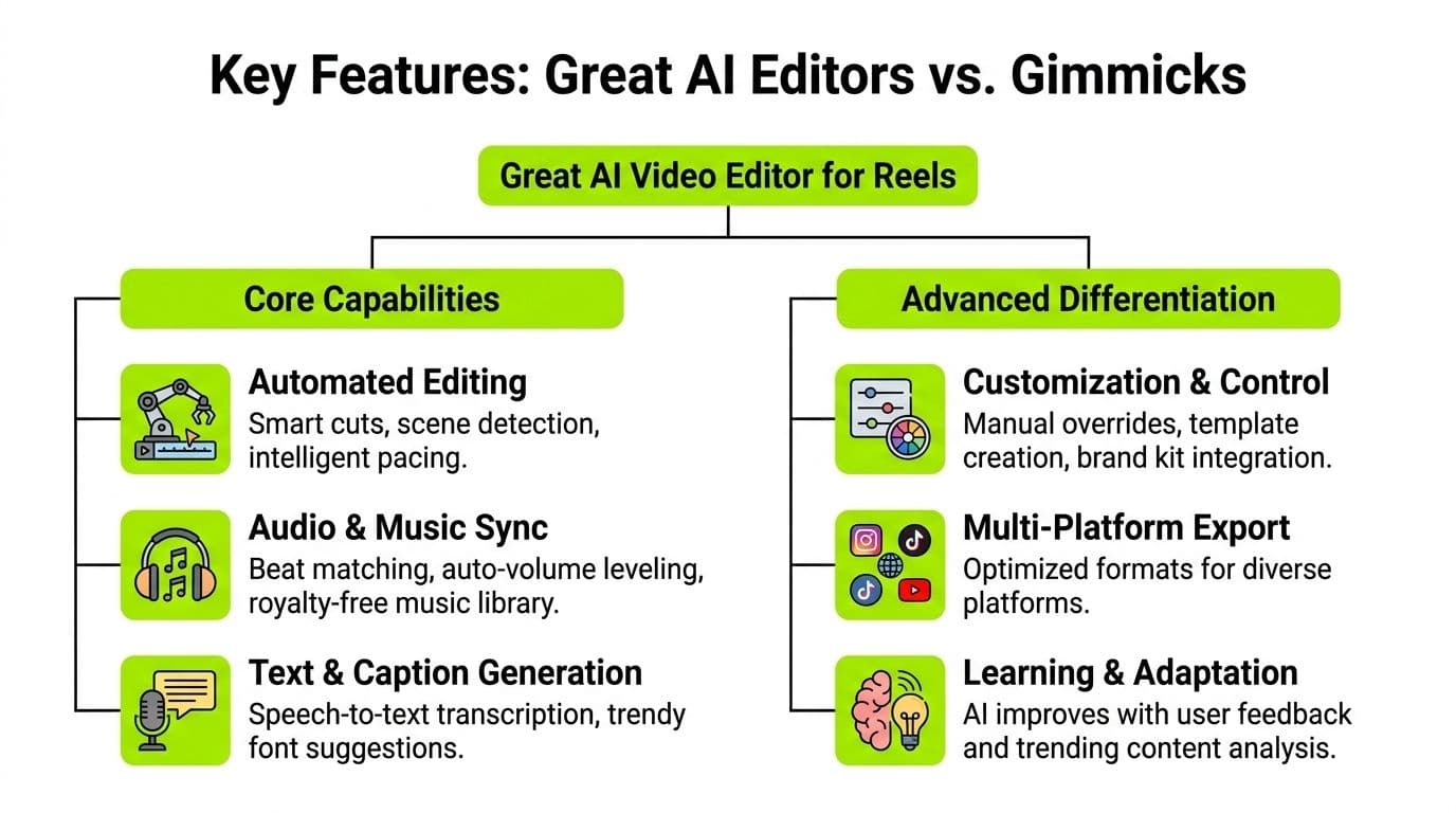A diagram comparing the essential features of high-quality AI video editors for social media content creation.
