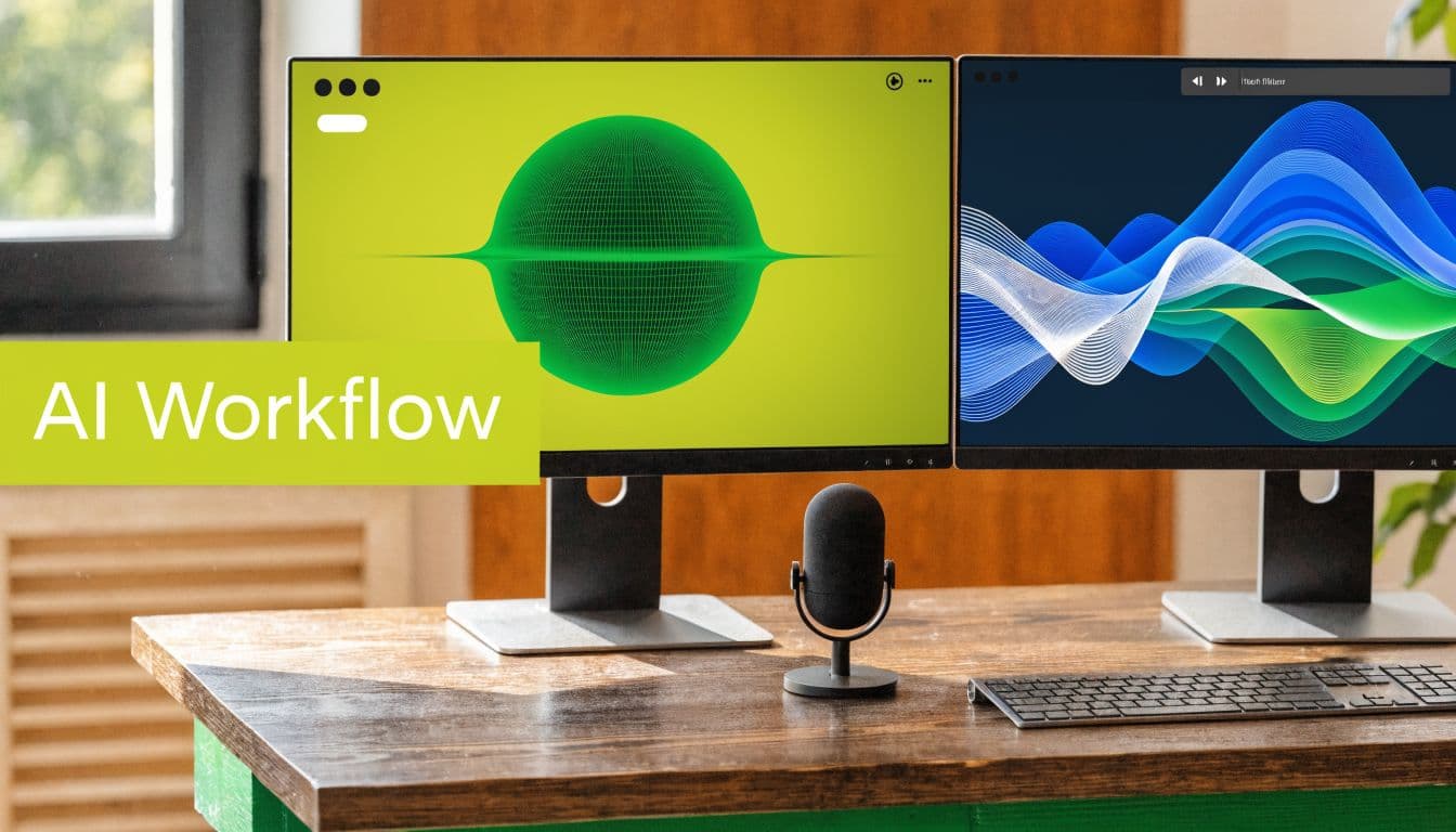 A dual monitor computer setup on a wooden desk featuring graphical AI visualization software and a microphone.