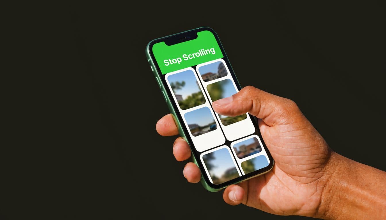 A hand holding a smartphone displaying a social media interface with the message Stop Scrolling.