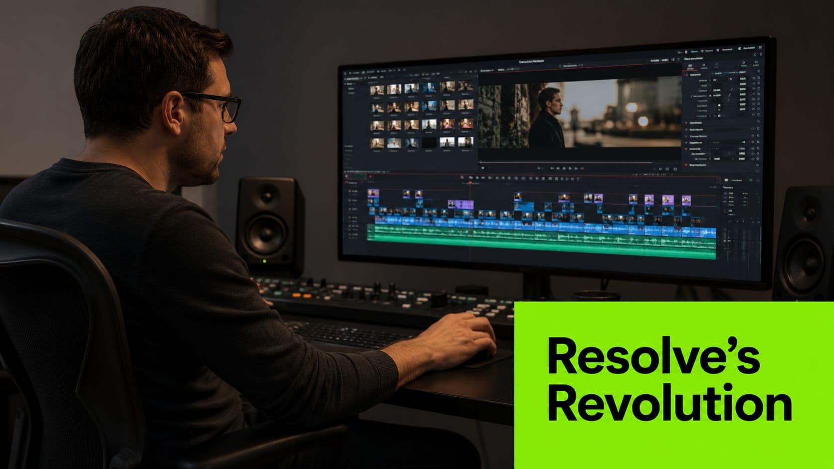 A professional video editor working at his desk with a large computer monitor displaying video editing software.
