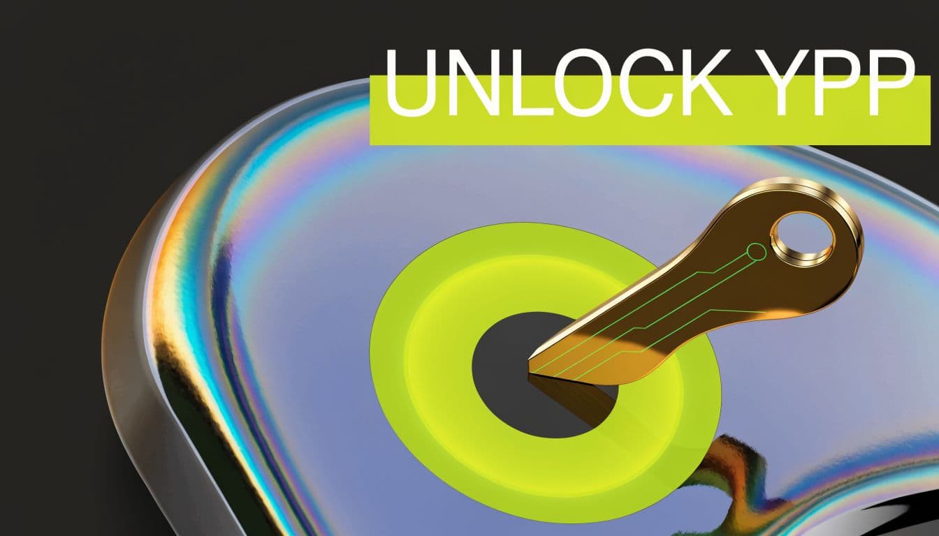 A 3D render of a gold key inserting into a lock on a metallic surface representing YouTube monetization.