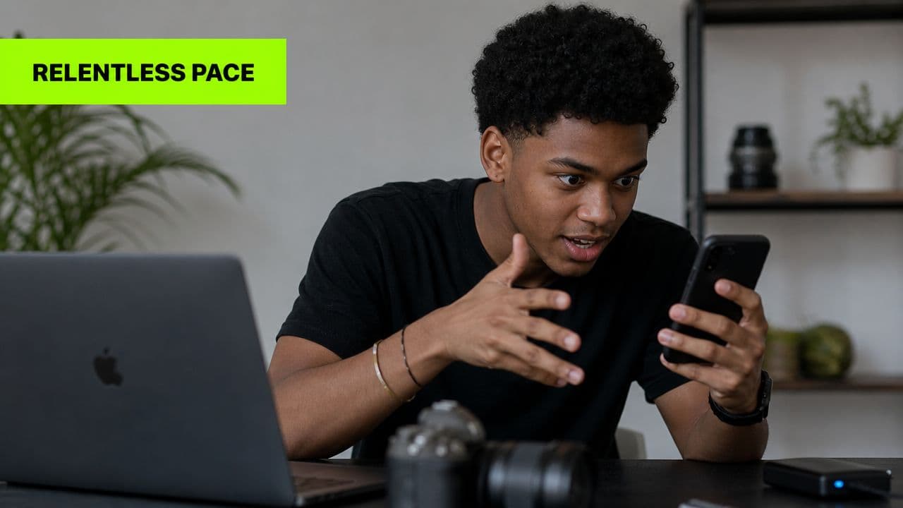 A young man looking shocked while gesturing towards his phone during a YouTube shorts editing session.