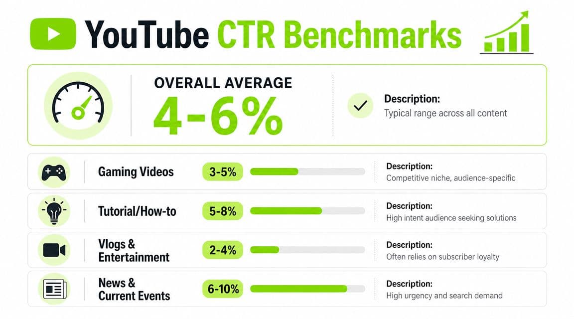 An infographic showing YouTube CTR benchmarks across different video categories like gaming, tutorials, and news.