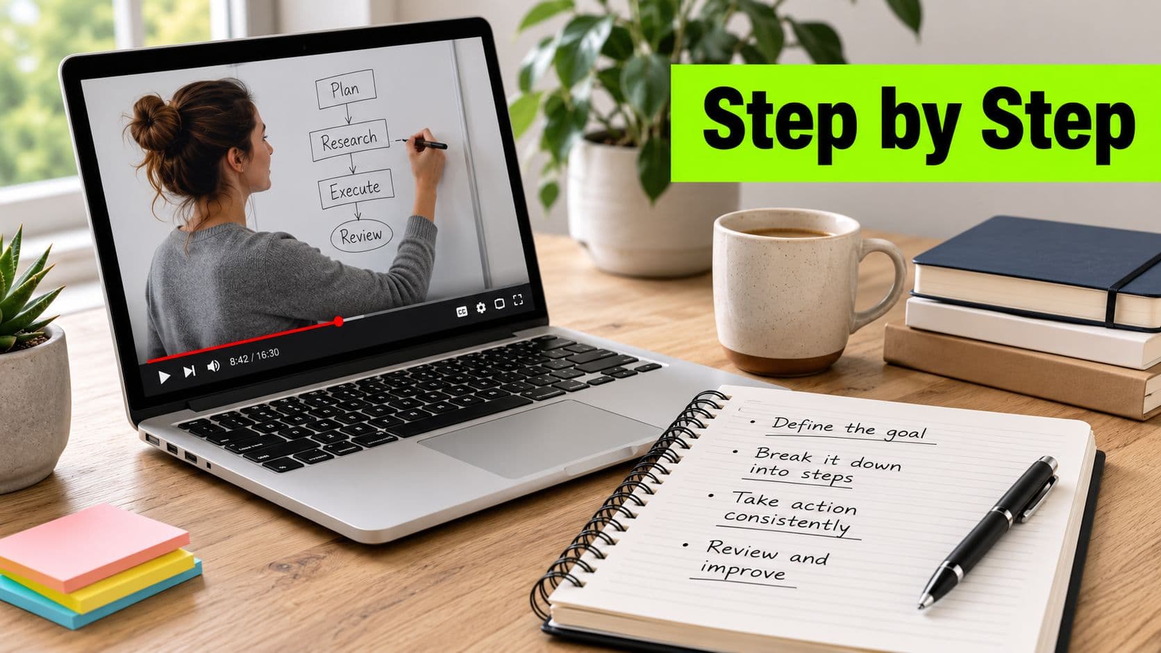 A person watching a tutorial on a laptop screen about project steps while taking notes in a notebook.