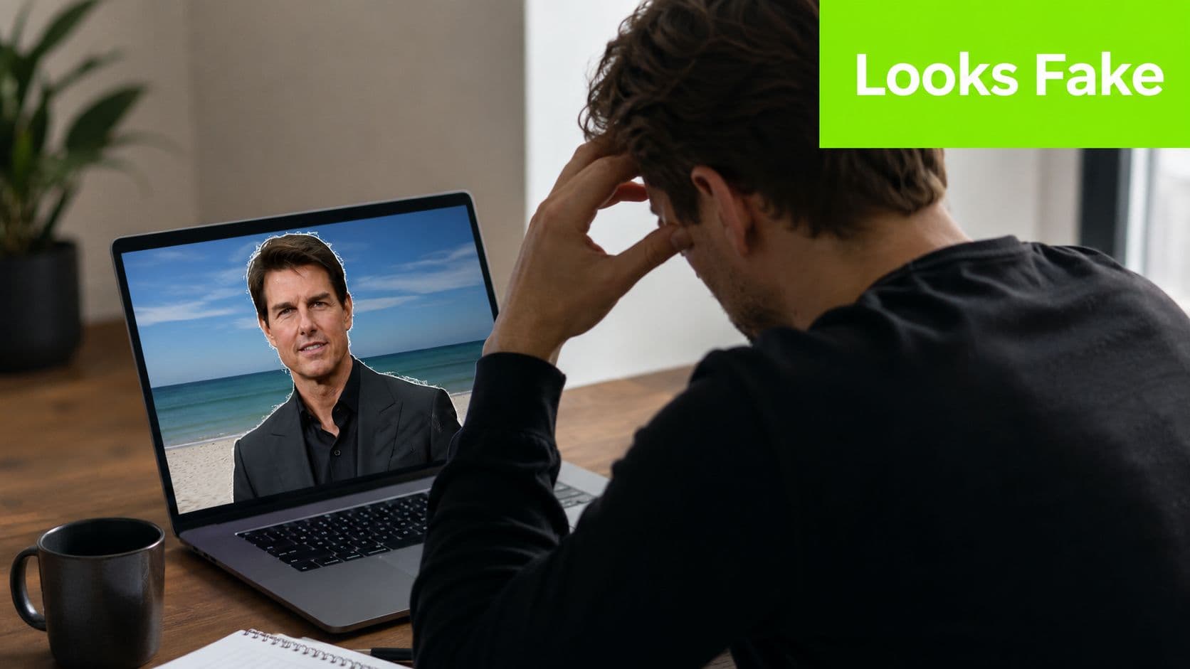 A man looks stressed at his laptop, which displays a poorly edited photo of Tom Cruise.