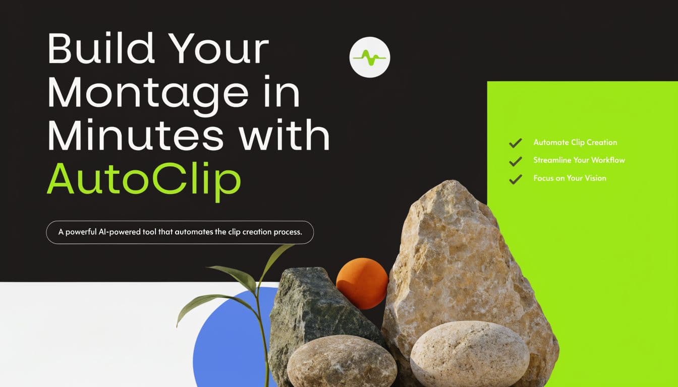 A promotional graphic for AutoClip, an AI-powered tool designed for quick and automated video montage creation.
