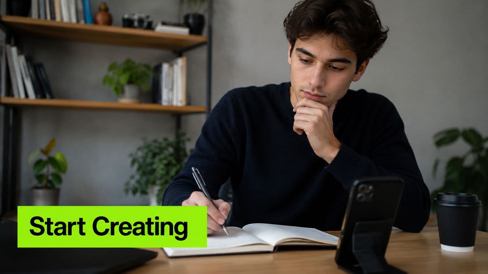A young man sitting at a wooden desk with a notebook, pen, and smartphone while focusing on content creation.