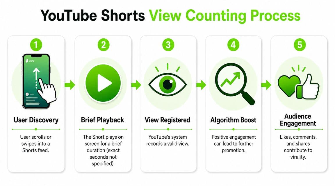 A five-step infographic illustrating the YouTube Shorts view counting process from discovery to audience engagement.