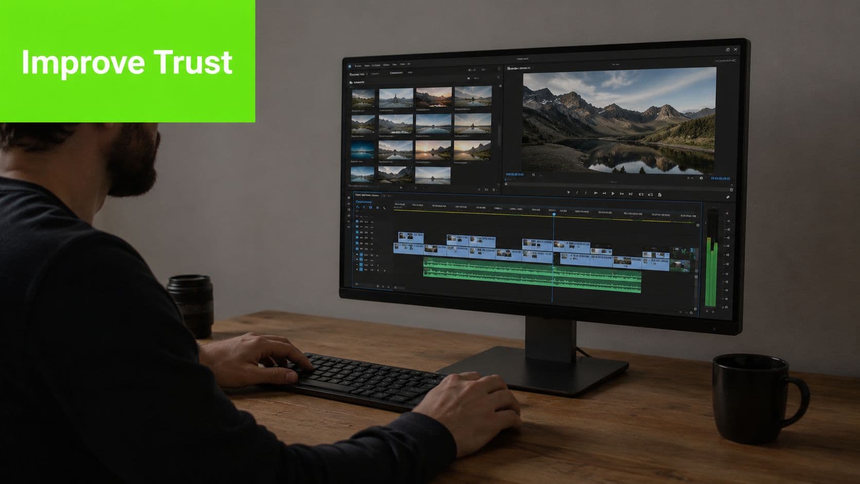 A professional video editor working on a computer screen displaying complex video editing software in an office.