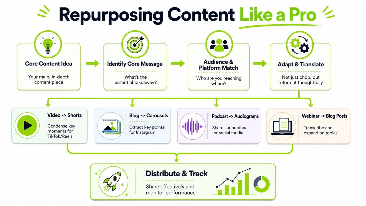 An infographic detailing the step-by-step process for effectively repurposing content for various social media platforms.