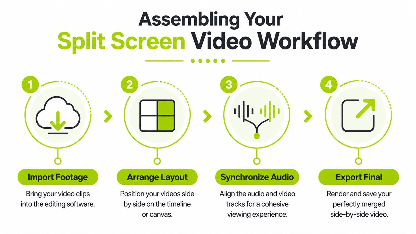 A workflow graphic showing four steps to create a side by side split screen video.