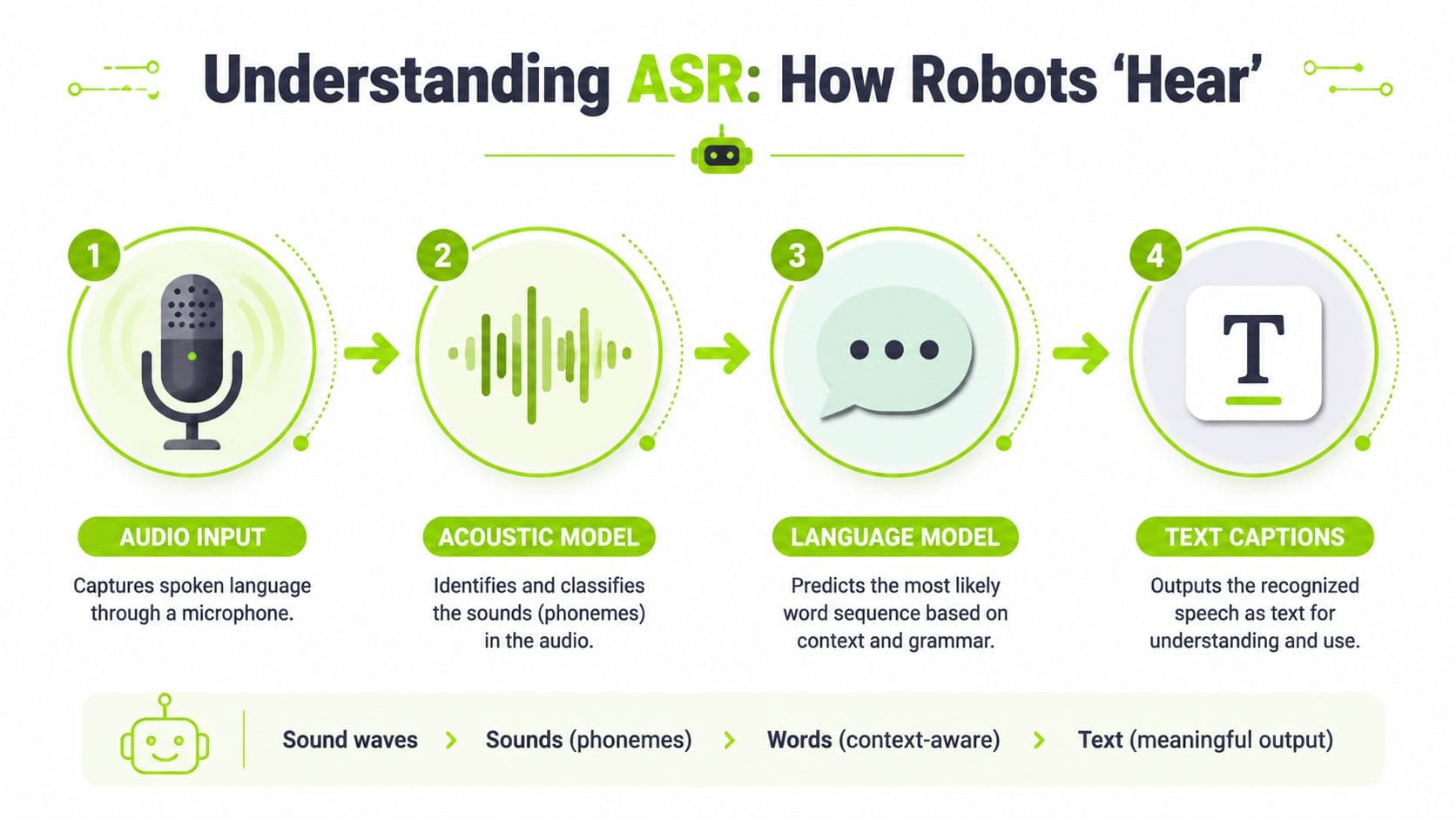 An infographic showing the four-step process of Automatic Speech Recognition, from microphone input to final text output.