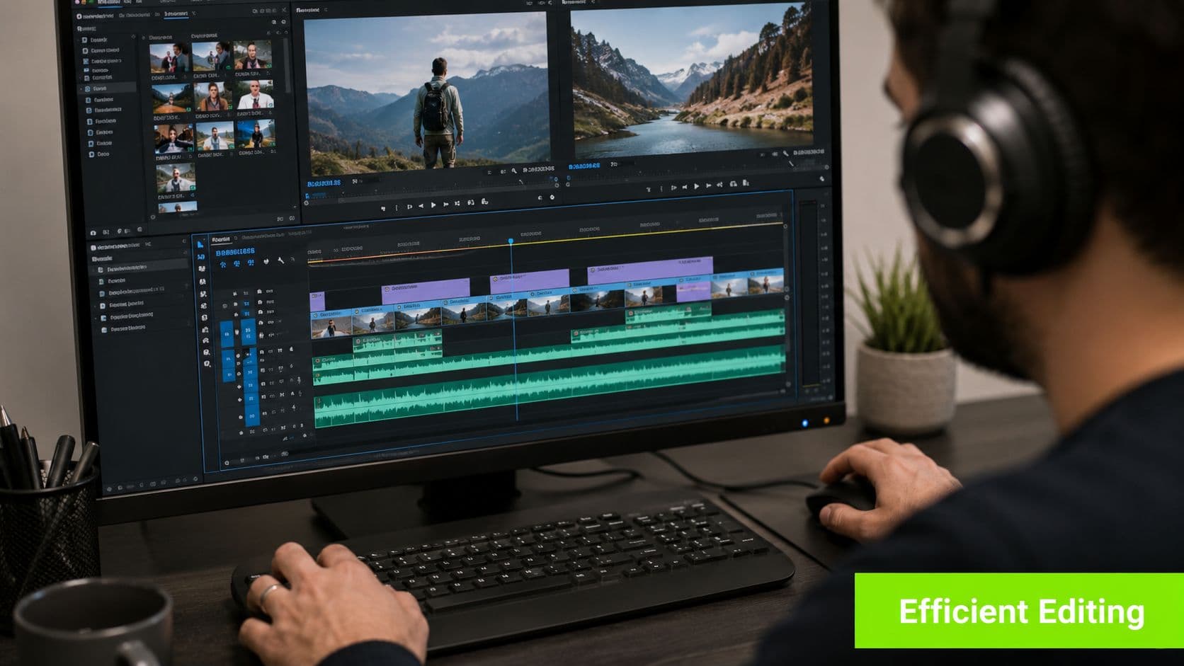 A video editor wearing headphones works on a professional project on a computer monitor in a studio.