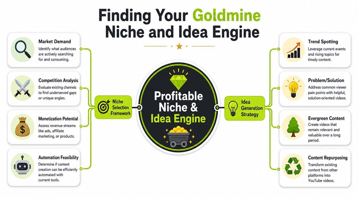 A diagram illustrating a framework for selecting a profitable YouTube niche and generating consistent content ideas.