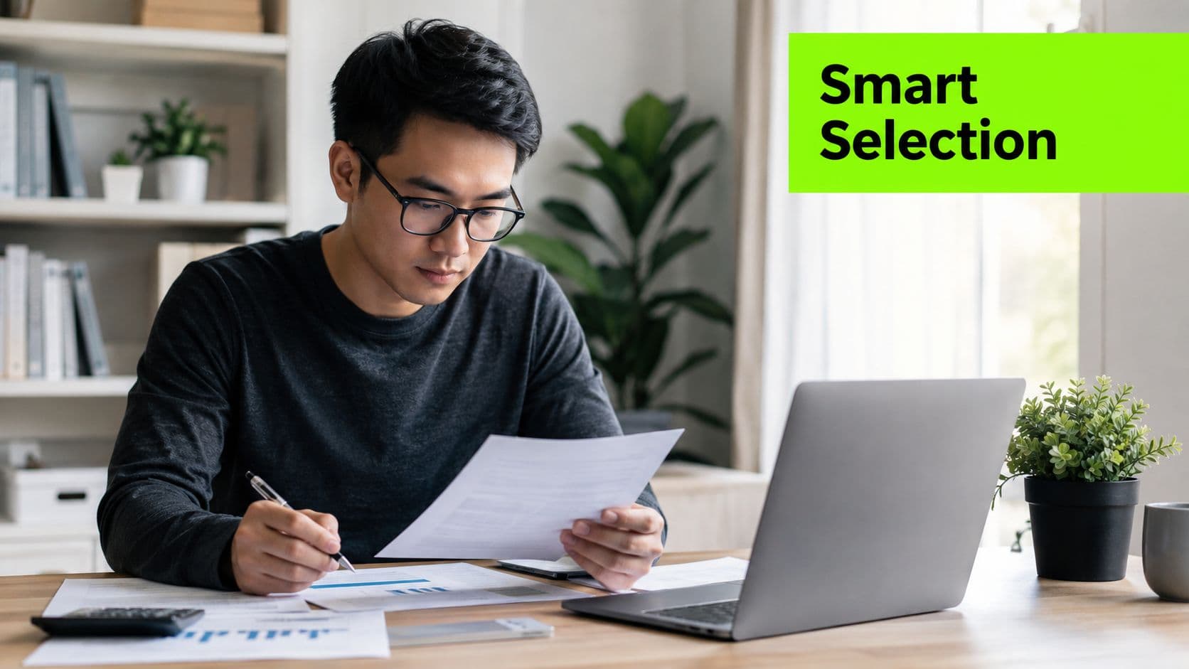 A young man wearing glasses works at a desk with a laptop and documents while taking notes.