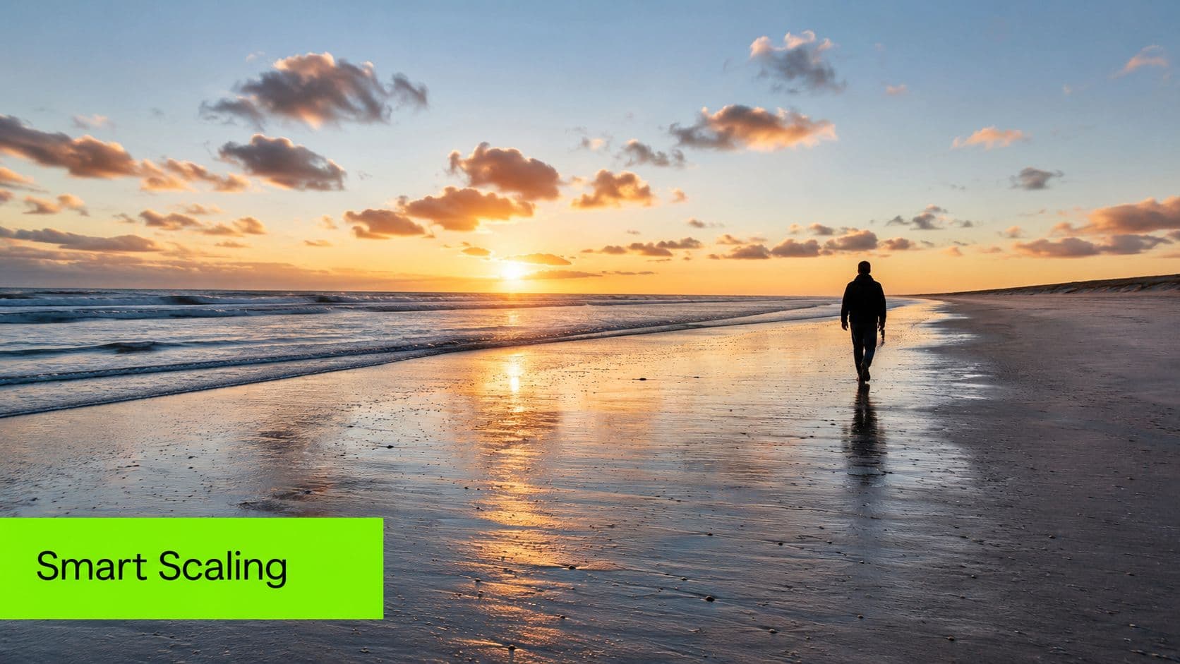 A man walks alone on a wet sandy beach at sunset with golden light reflecting on water.