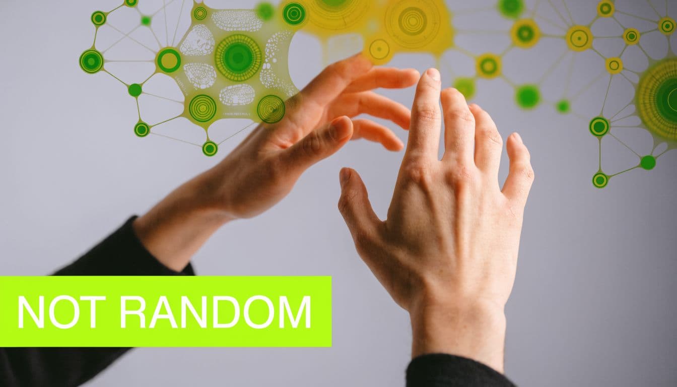 A person reaches toward a digital network visualization with the large green text overlay saying NOT RANDOM.