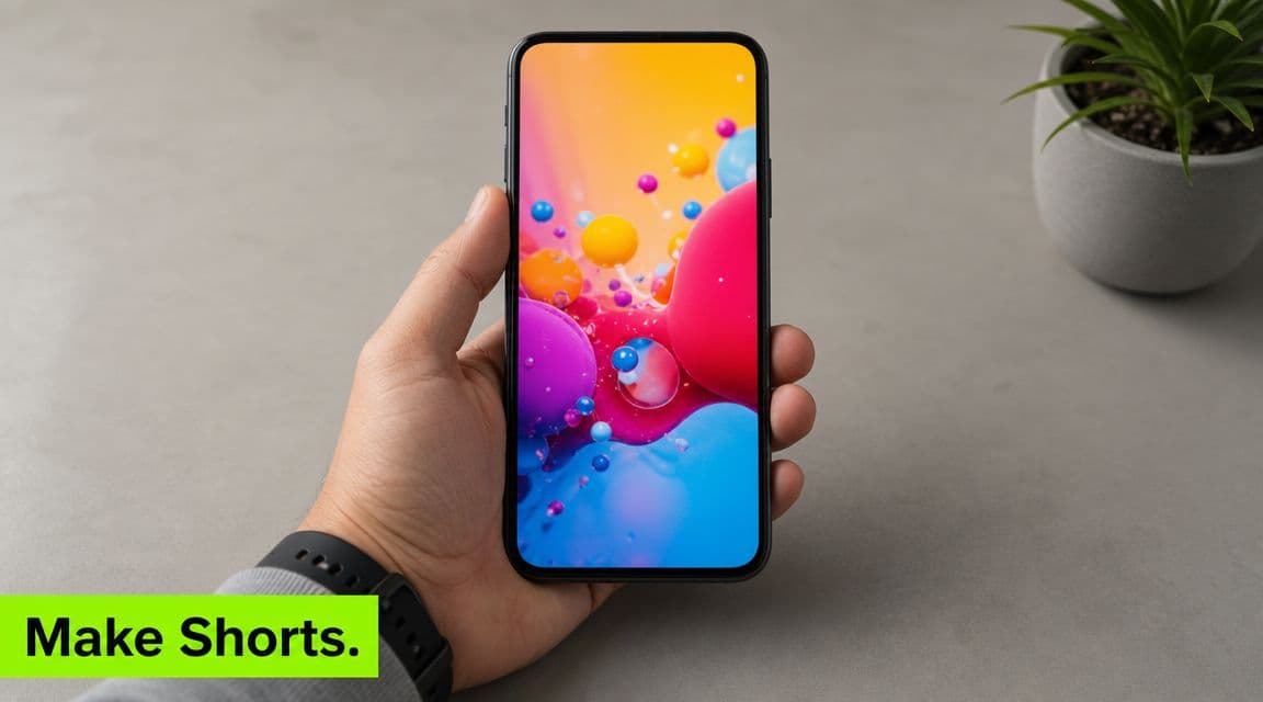 A person holding a smartphone featuring a colorful abstract bubble wallpaper against a neutral background.