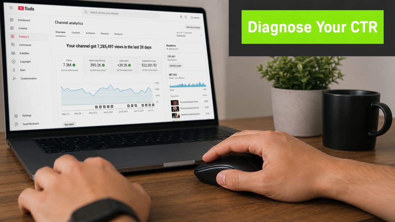 A person using a laptop to view YouTube Studio channel analytics dashboard with performance metrics displayed.