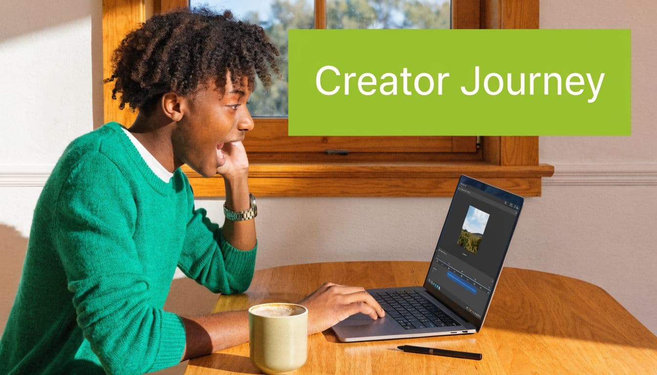 A young creator expressing excitement while editing a video on his laptop at a wooden desk.