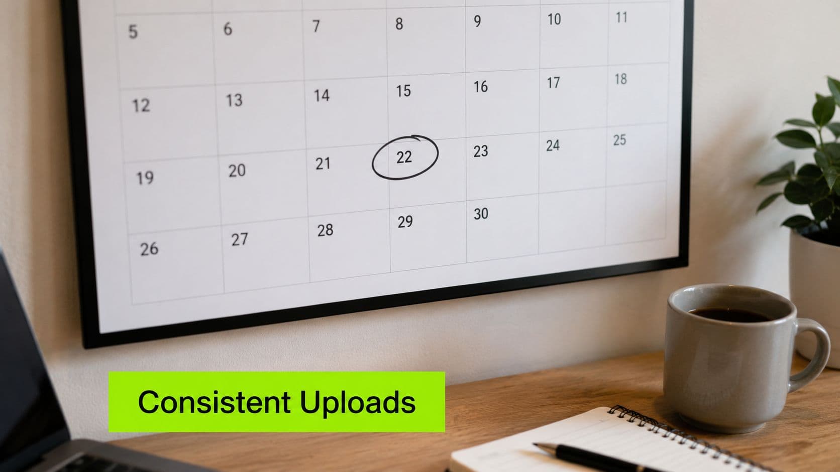 A calendar on a wall with the date 22 circled, next to a coffee mug and laptop.