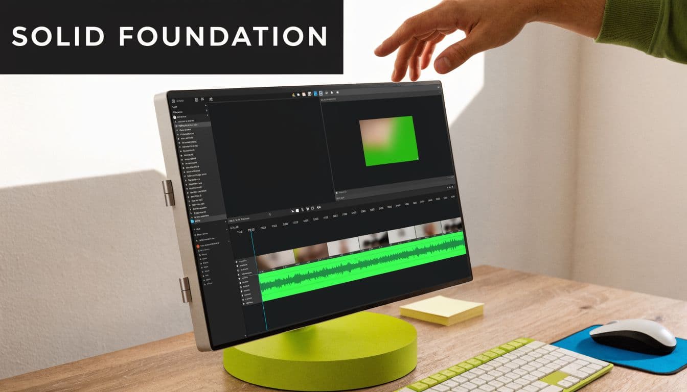 A creative workspace with a monitor displaying video editing software for YouTube Shorts being set up.