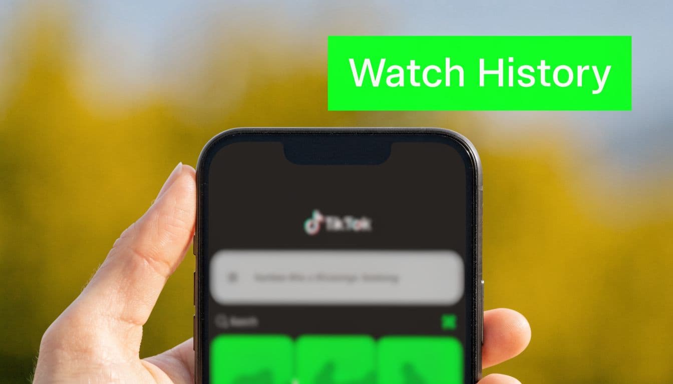A hand holding a smartphone showing a blurry TikTok interface on a blurred yellow autumn background.