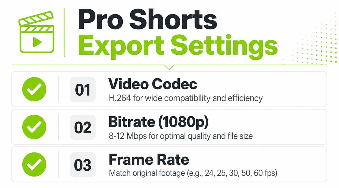 A graphic showing professional export settings for YouTube Shorts including video codec, bitrate, and frame rate recommendations.