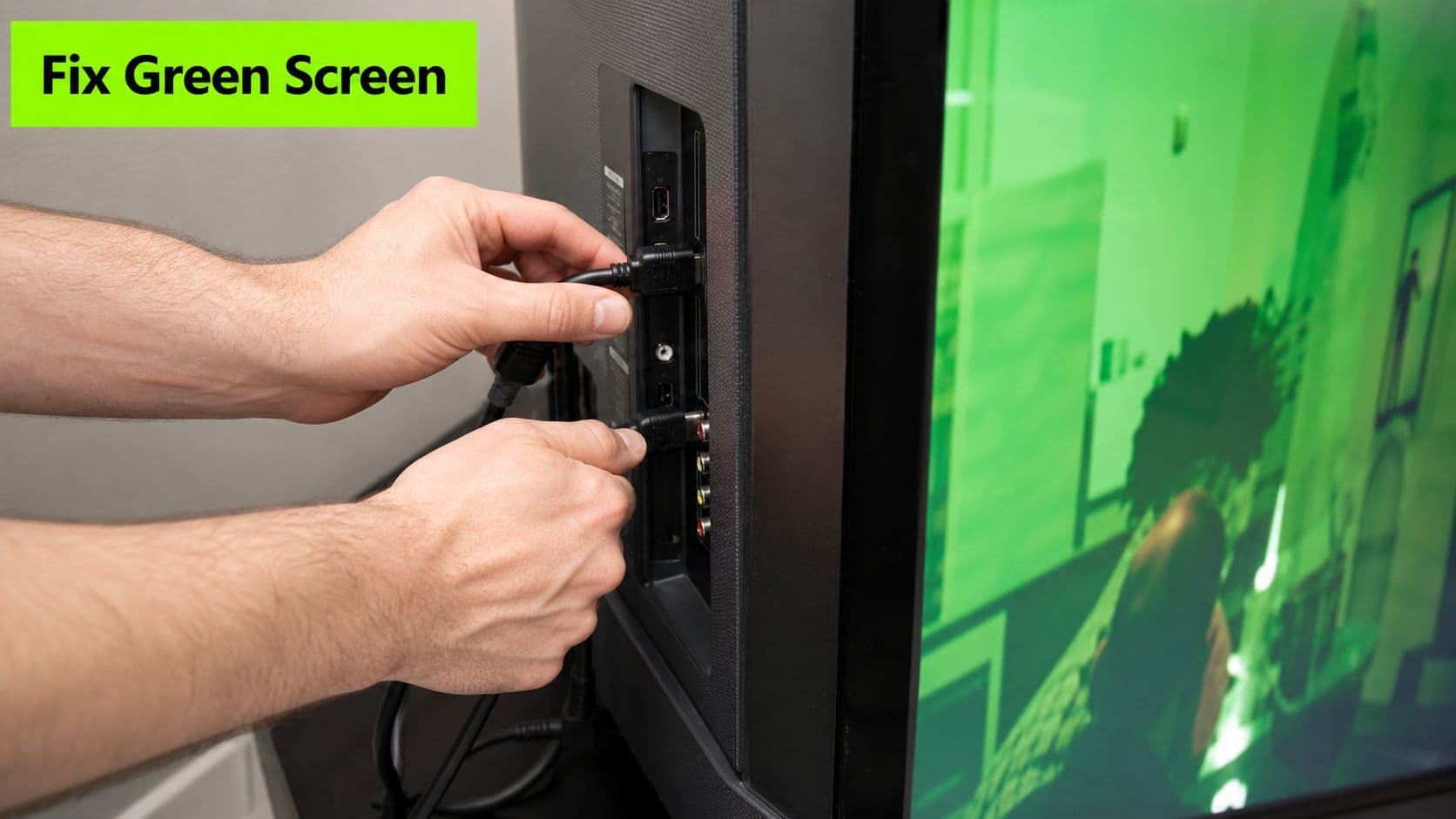 A person adjusting an HDMI cable connected to the back of a television displaying a green screen.