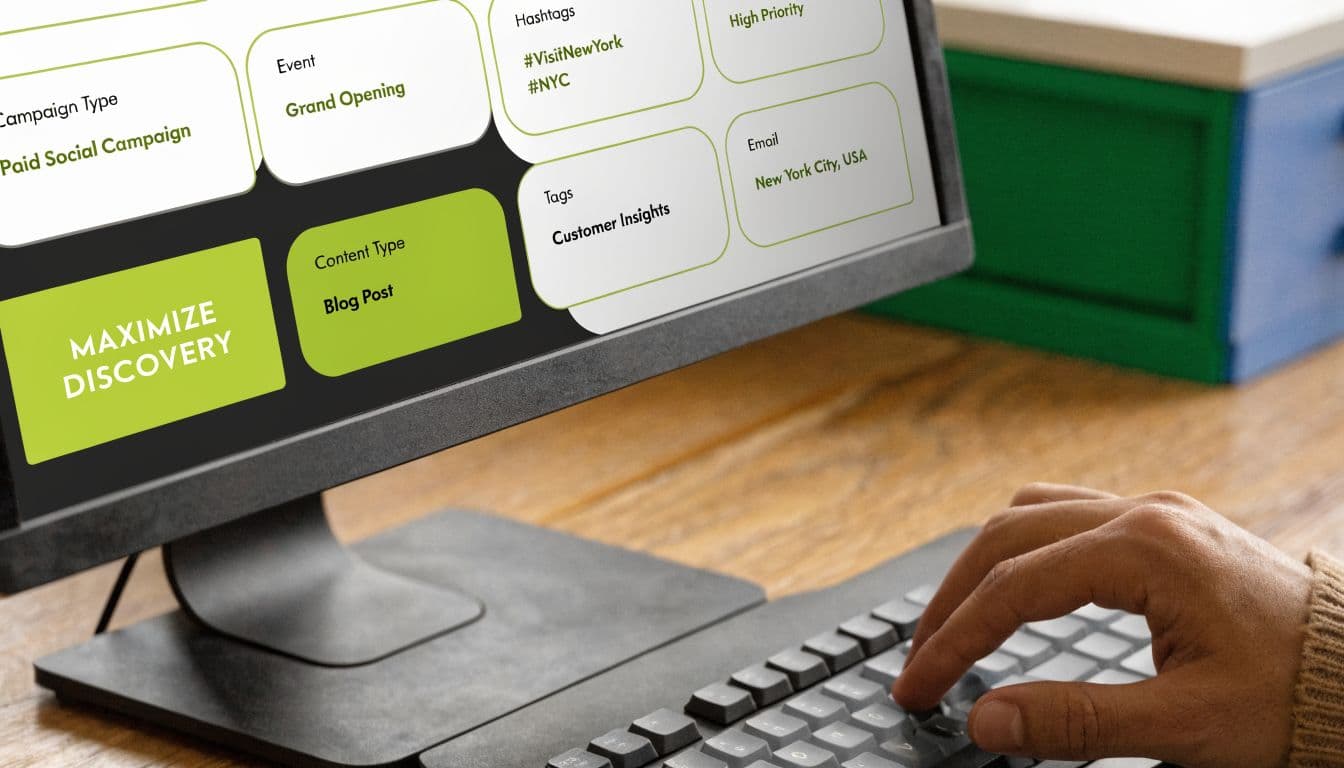 A computer screen showing campaign data like content type, hashtags, and email while a person types.