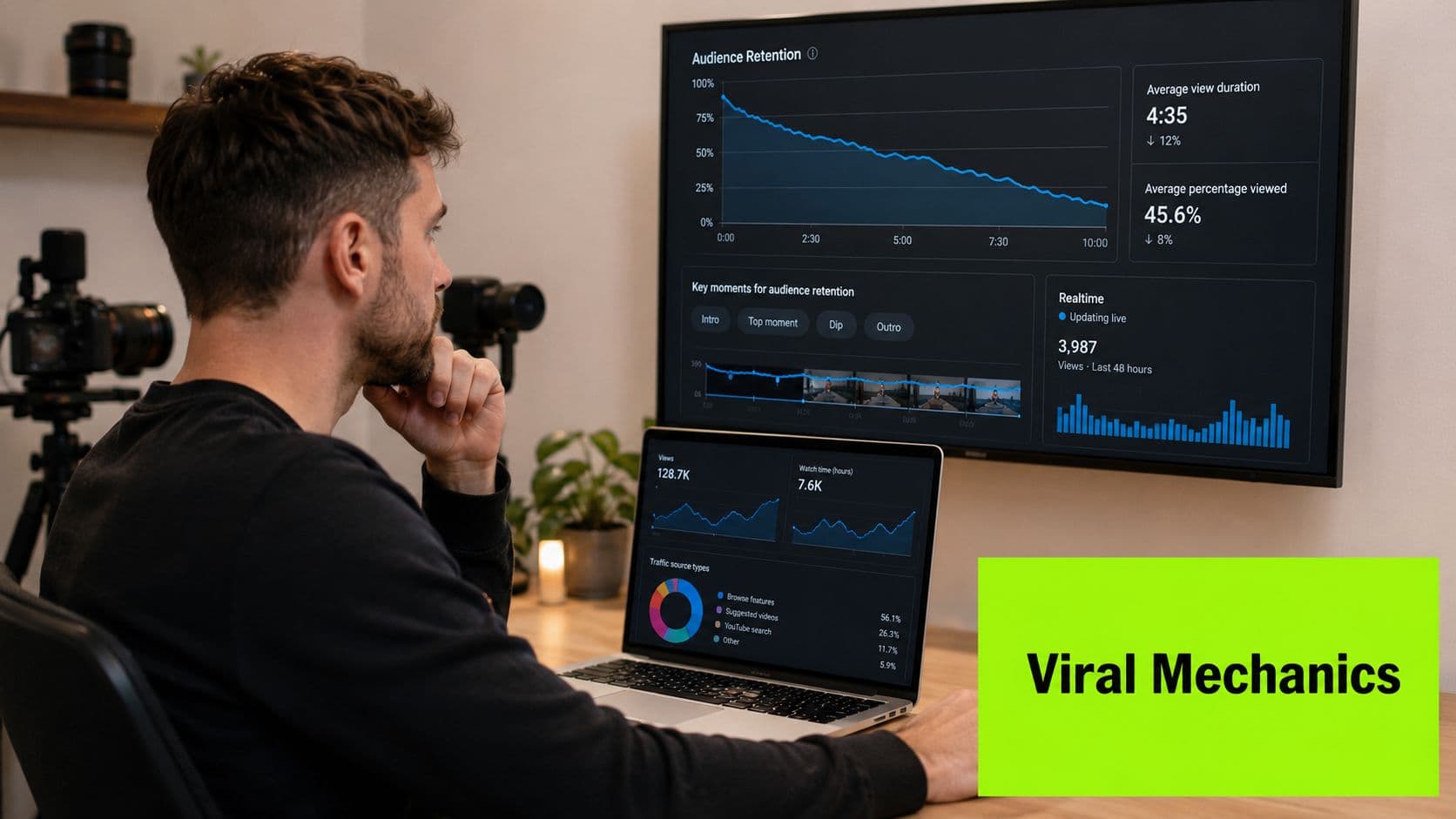 A creator reviewing YouTube analytics on a large monitor while sitting at a desk with a laptop.