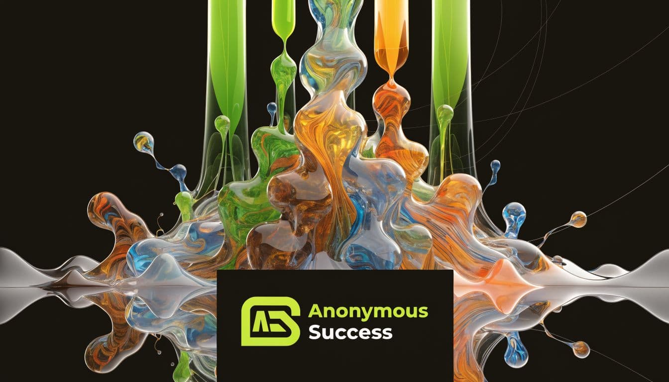 Abstract 3D glass liquid art with vibrant swirls of orange, blue, and green on black background.