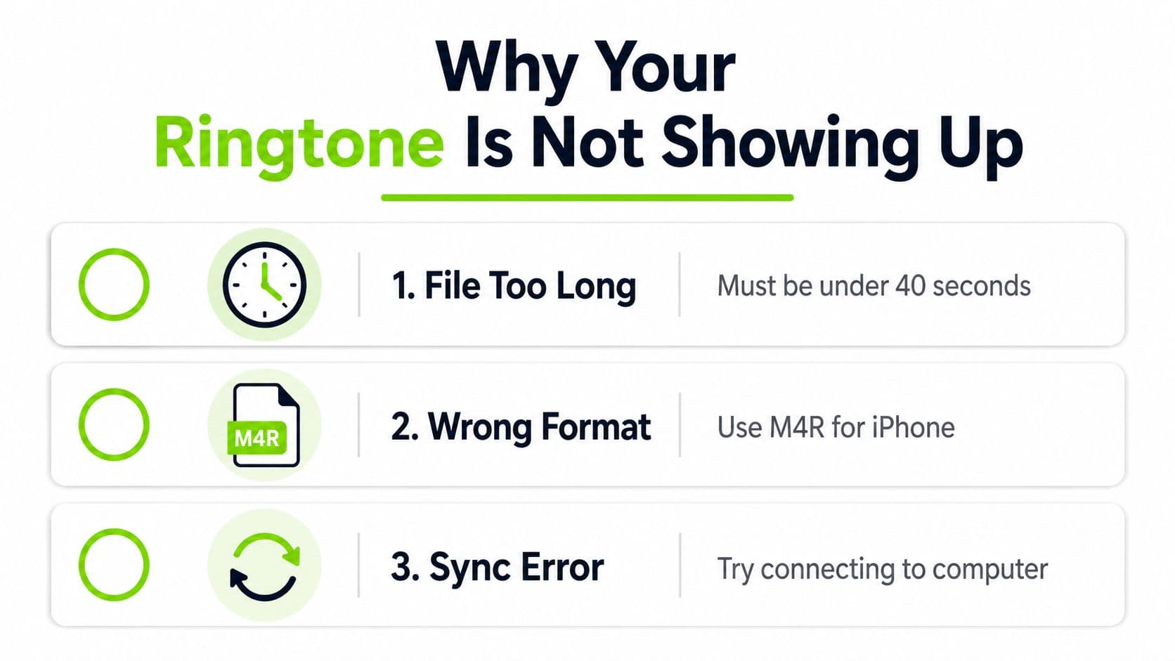 An infographic titled Why Your Ringtone Is Not Showing Up, listing three common technical troubleshooting reasons.